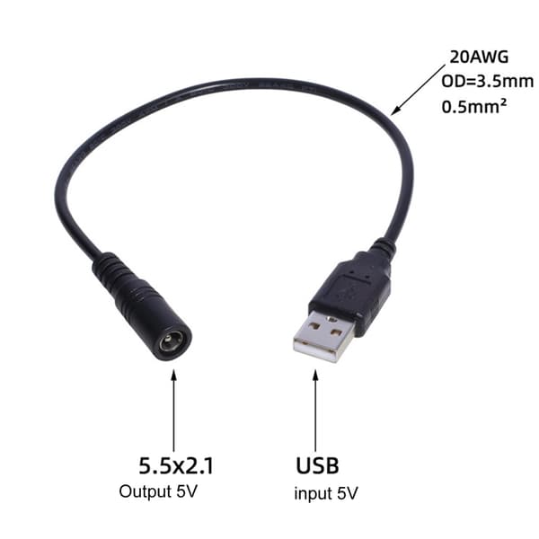 DC strømforsyningskontakt ladekabelforlengeradapterkabel USB til DC5.5x2.1mm