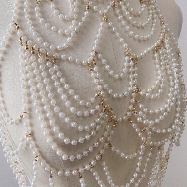 Kvinnor Layered Pearl Body Chain Choker Halsband Sele Sexig Bikini Body Smycken White