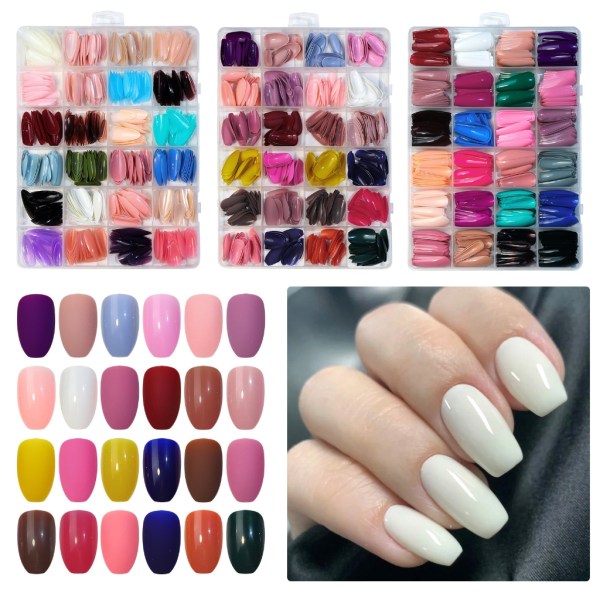 Press On Nails lång kista, 24 färger cover långa falska naglar, akryl falska nagelspets, enfärgad glansig falsk nagel 2