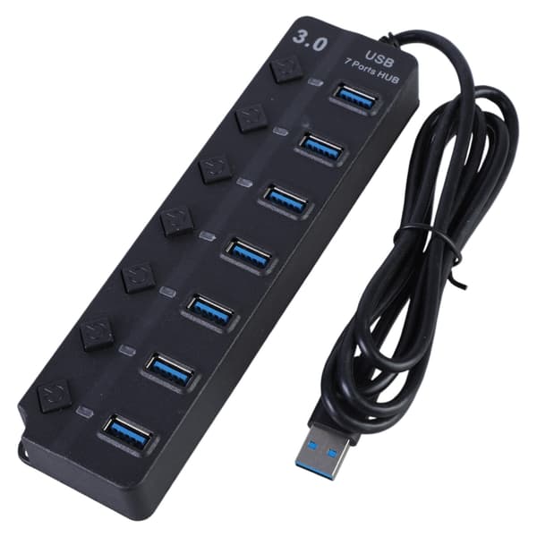 Rask USB 3.0 Adapter Splitter med 7 porter, separate strømkontroller