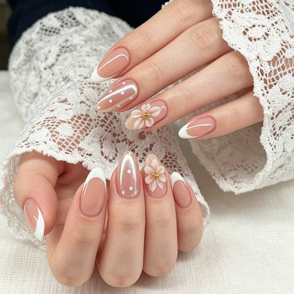24 stk. bløde lyserøde press-on-manicure med blomsterfransk perleaccent