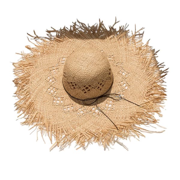 Kvinnor Raffia Halm för Solhatt Stor Brätte Floppy Frans Ihålig Solskyddshatt