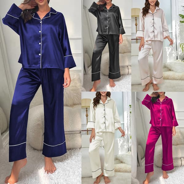 Pyjamas i silkesatin för kvinnor, långärmad, knäppt sovplagg, myskläder Champagne S