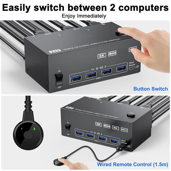 Triples skærme KVM-switcher HDTV USB3.0 til dobbelt PC 3 skærme
