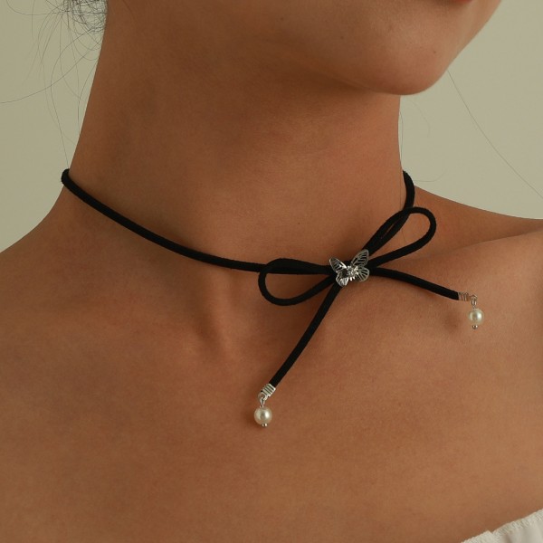 Bowknot Hänge Choker Halsband Läder Rep Fjärilsberlock Sommar Nyckelbenskedja Pärltröja Halsband Festsmycken