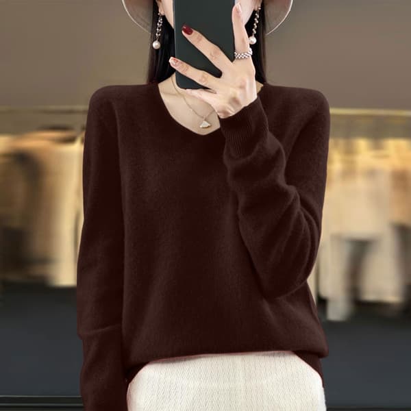 Dam V-ringad stickad tröja Casual lös långärmad pullover Jumper Toppar Coffee 2XL