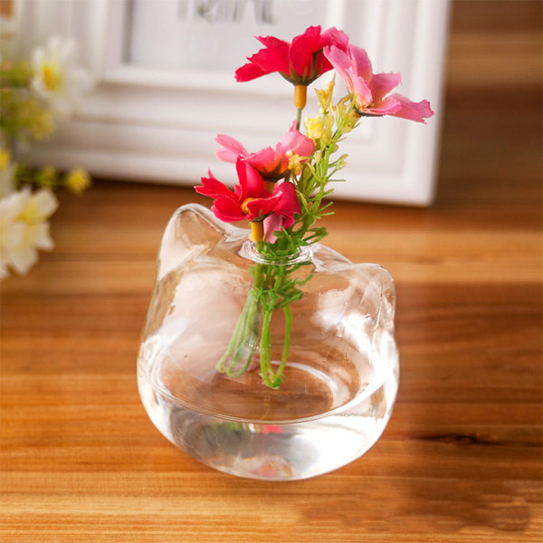 Söt för katt för huvudform Klart glas Vas Flaska Blomflaska Växter Flaska Glas Material för hemväxt Blomma Dec L