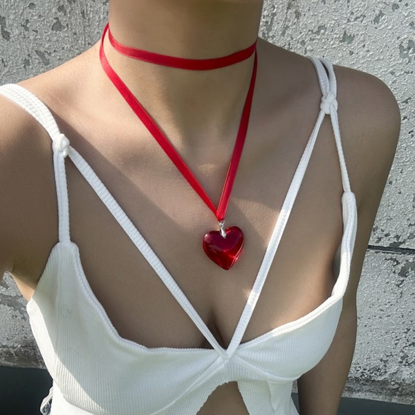 6 färger Goth glas stort hjärta hänge halsband för kvinnor Boho knutna bowknot sidenband Justerbar kedja Y2K smycken Red