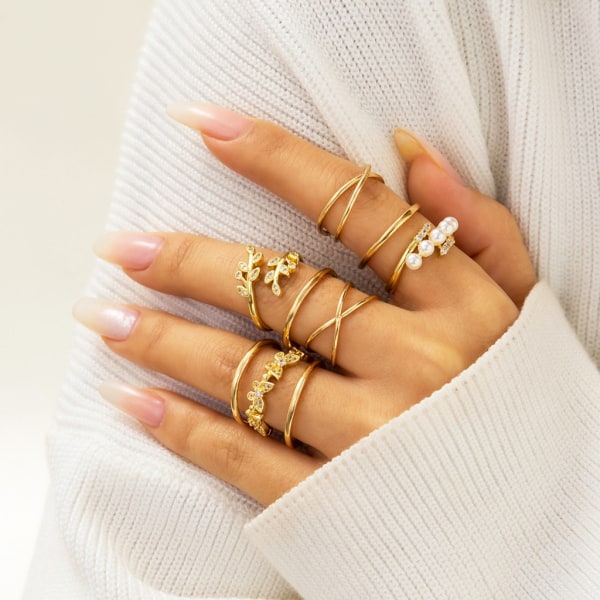 Enkel knogringar Set Vintage gemensamma fingerringar inlagda strass Mode staplingsbara ringar Smycken för kvinnor tjejer null - Style 4