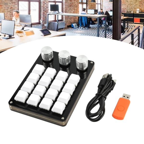 Bærbart Mini-Tastatur med 16 Taster, 3 Programmerbare Knotter, Avtakbar USB-Bakgrunnsbelysning