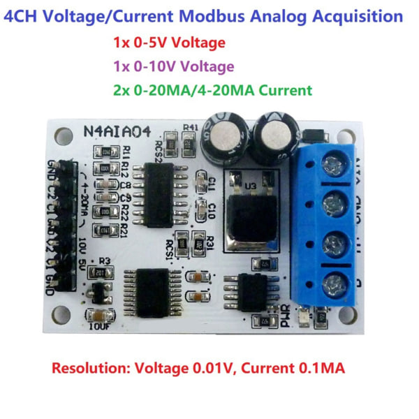 Modbus RTU 4-kanals spänningsströminsamlingsmodul 4-20MA RS485 spänningsström analog kollektor