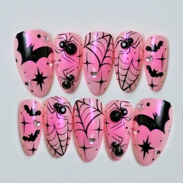 30 Stykker Halloween Pink Flagermus Glansfulde Press-On Negle ABS Materiale