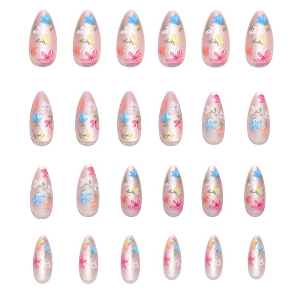 24 stk. mandelformede kunstige negle i trendy blomsterfarver og 3D-design