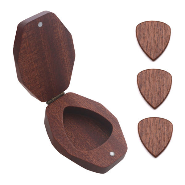Diamantformad Plektrumfodral Gitarr Baslåda Musikinstrument Gitarrplektrumhållare med 3-pack Trägitarrplektrumset