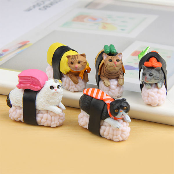 5 st tecknad miniatyr Kawaii Sushi för kattfigur Mini för docka Fairy Garden