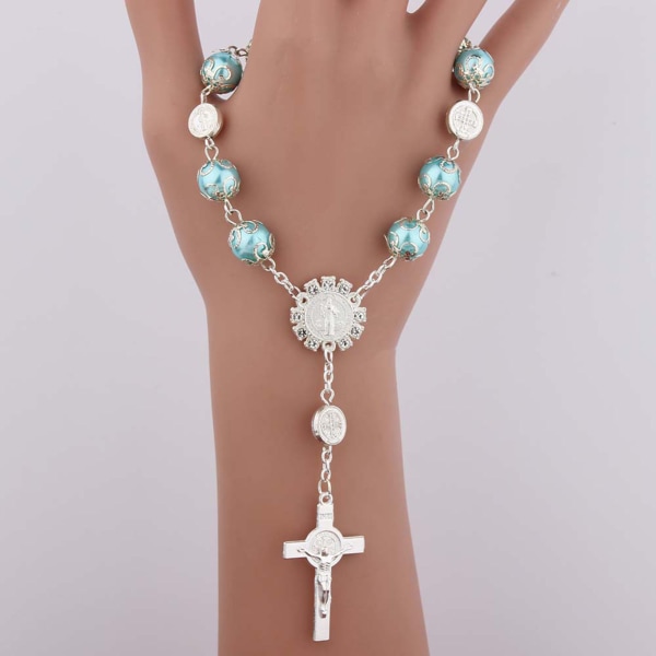 Catholic for Cross Finger Chain Mini Rosenkrans Finger Dop Radband Faux Pearls Armband for Dop Favors Dop White