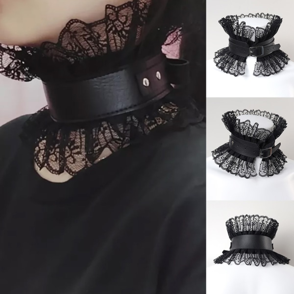 Kvinnor Retro falsk krage Gotisk konstläder Lolita volang halsband med spetsar Choker