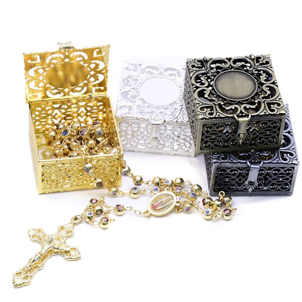 Rosenkrans Pärlor Box med lock Försegling Organizer Behållare Religiösa halsband för hemkyrkan Meditation Hängande Charm Gold