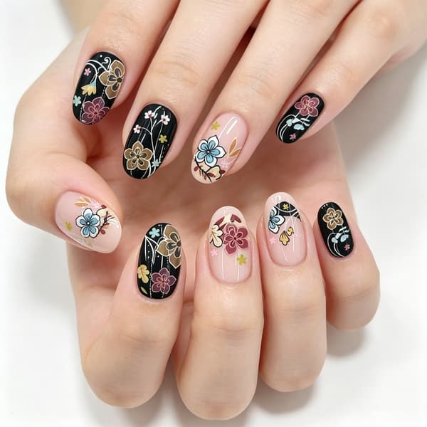 Blomster Press On Manicure i Kort Oval Form til Daglig Styling Kunstig Negl