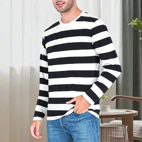 Stribet langærmet T-shirt med rund hals til mænd, basic afslappet top White 2XL