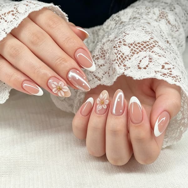 24 stk. bløde lyserøde press-on-manicure med blomsterfransk perleaccent