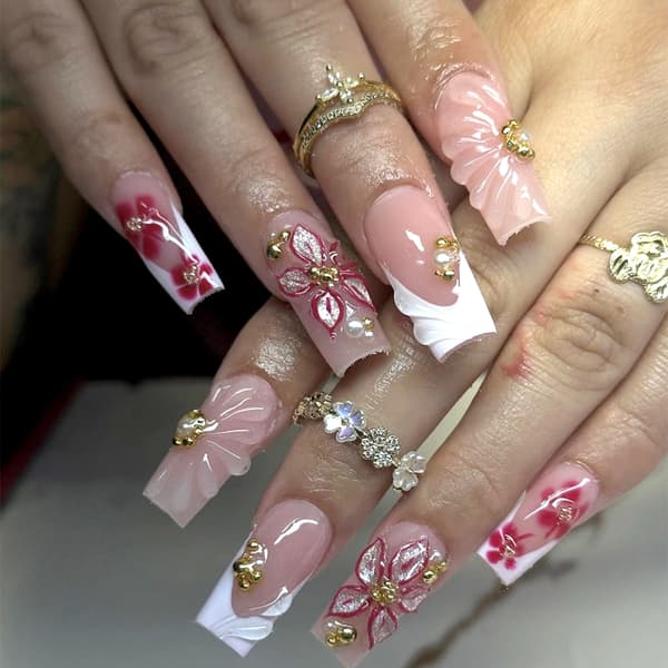 Hurtig manicure press-on negle med 3D blomster fransk tip, 24 stykker