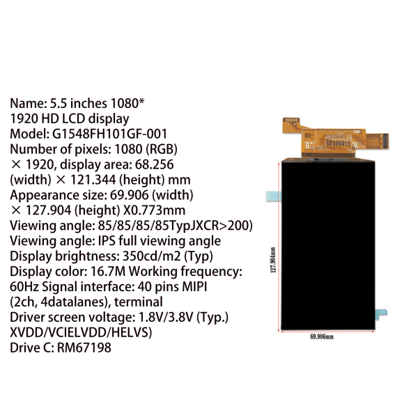 5,5 tum 1080x1920 AMOLED-skärmmodul Amoled-skärm MIPI Drive Controller Board 40-stifts utbyte G1548FH101GF-001