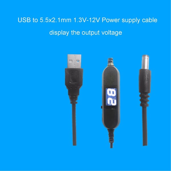 USB5V til 1.5V-12V 2.5mm/3.5mm/4.0mm/5.5mm Justerbart spændingskabel m/LED-display