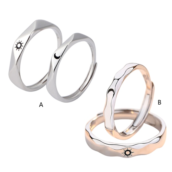 1 par par ringar för Sun Moon Lover Ringar Set Silver Öppna Finger Ring Justerbar Matchande Löfte Ringar Smycken Presenter null - B