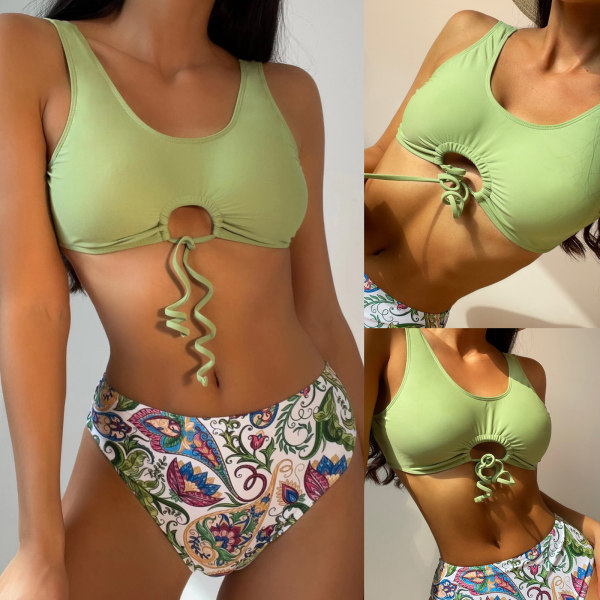 Tvådelad kvinnlig printed mjuk väska Bikini knuten Kvinnor Sexig baddräkt Strandkläder Färgglada Populära Lila badkläder Green L