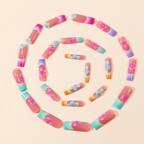 Press On Manicure Sæt Fransk Tip Gradient med 3D Blomst, 24 stk.