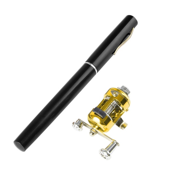 Mini teleskopisk bärbar fiskpenna Fiskepenna i aluminiumlegering fiskespö + rulle Black