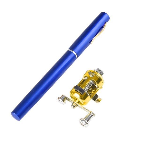 Mini teleskopisk bärbar fiskpenna Fiskepenna i aluminiumlegering fiskespö + rulle Blue