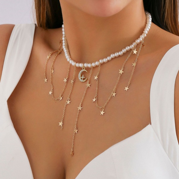 Barock pärlhalsband Choker Nyckelbenskedja Halsband Star Tofs Halsband Pearl Choker Dam Hals Smycken