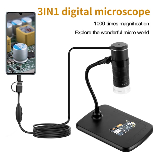 1000X Mobiltelefon Mikroskop Kamera 3in1 USB Type-C MicroUSB för Android-telefon för Windows PC Dator Bärbar dator med Stan