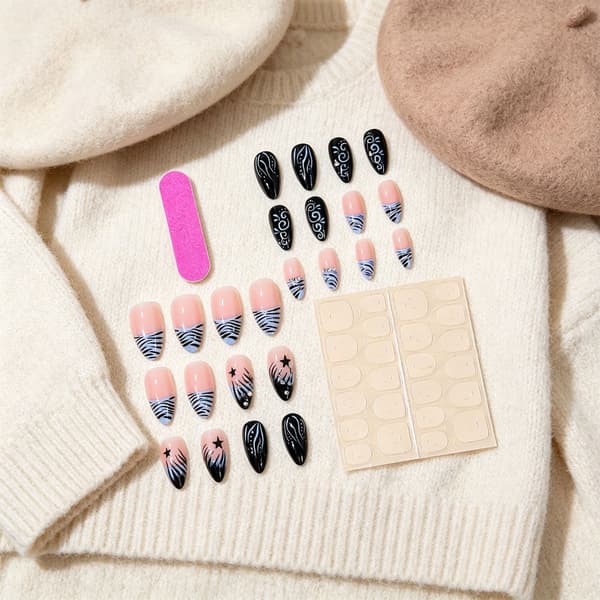 Genanvendeligt Manicuresæt Blå Sort Lang Mandel 24 Stk. Stil Look til DIY Styling