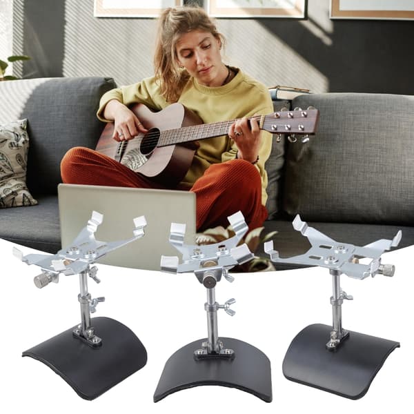 Modernt gitarrstöd i silvermetall med svart ergonomisk bas och säkert fäste