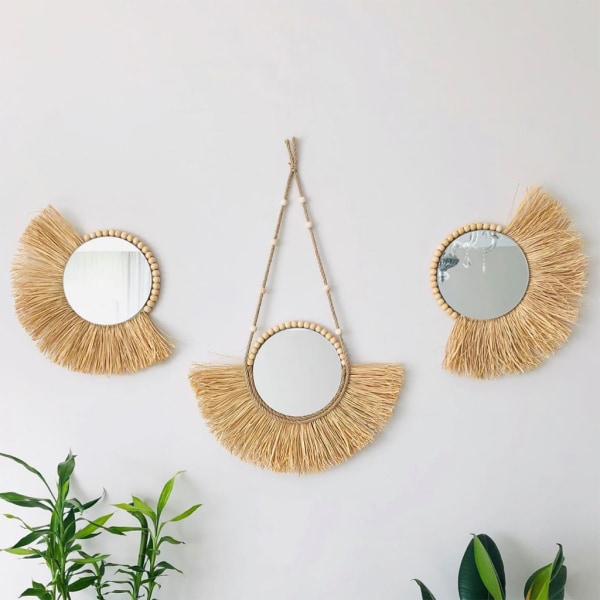Marockanskt vävt halmhängande väggspegel Boho Macrame Träpärla Gobelängdekor null - A3