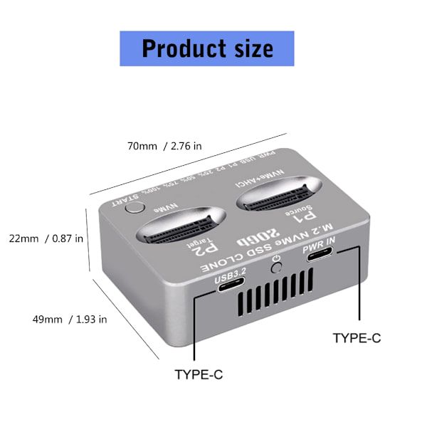 Dubbel Bay NVME Dockningsstation USB3.2 Typ C Extern Hårddisklåda 20Gbps