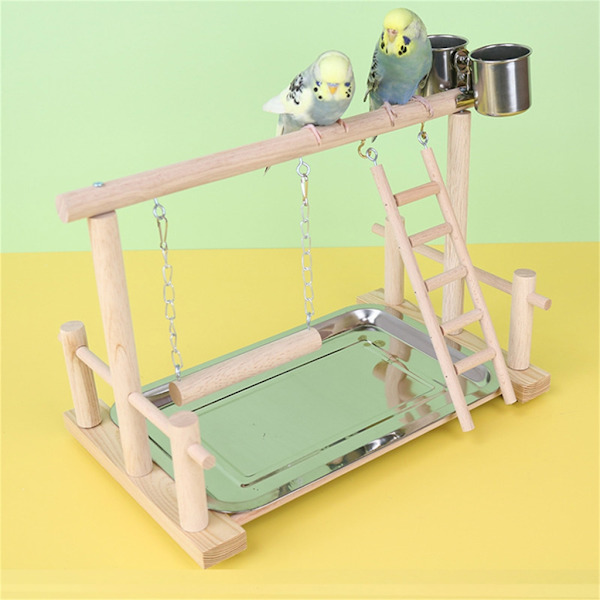 Fågel Abborre Trä Stativ Leksak Papegojor Lekställ för parakiter Cockatiel Conure med matningskoppar Stege Gungleksak