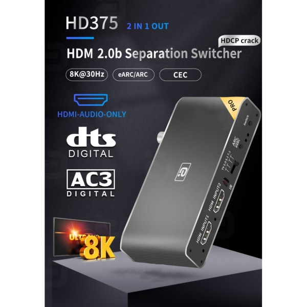 8k HDMI2.0b Audio Extractor 2 In 1 Out Switcher eARC Splitter 7.1CH DSTHD AUX Koaxial Optisk DAC-avkodning CEC HDCP EU