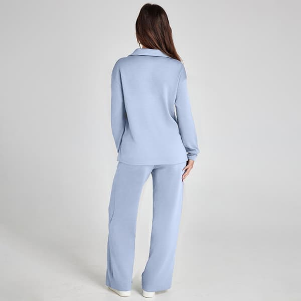V-ringad långärmad topp med dragsko i midjan och vida ben, perfekt för semestern Light Blue M