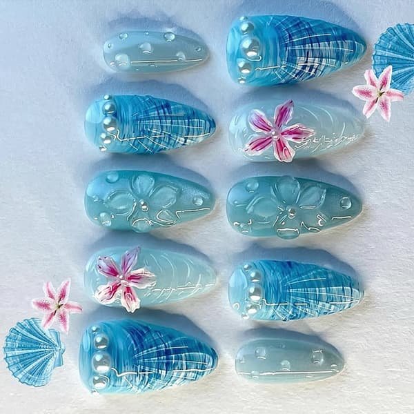 DIY Manicure Mandel Press Ons med Ocean Blomster Accent Stil