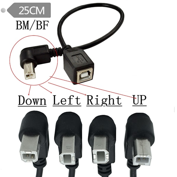 USB 2.0 Typ-B skrivarkabel USB B hona till typ-B hane (90 grader UPP/NER/Höger/vänster vinkel) Kort förlängningskabel Up