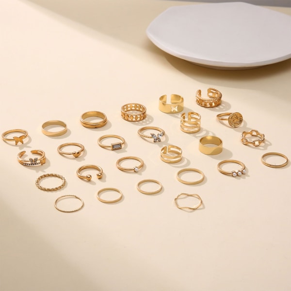 Europeiskt Amerikanskt överdrivet ihåligt mönster för fjäril Micro-incrusted diamant rund pärlring 25-delar set för kvinna null - Gold