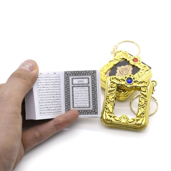 Miniatyr arabisk koranbok islamisk nyckelringhänge äkta papper kan läsa muslim Gold