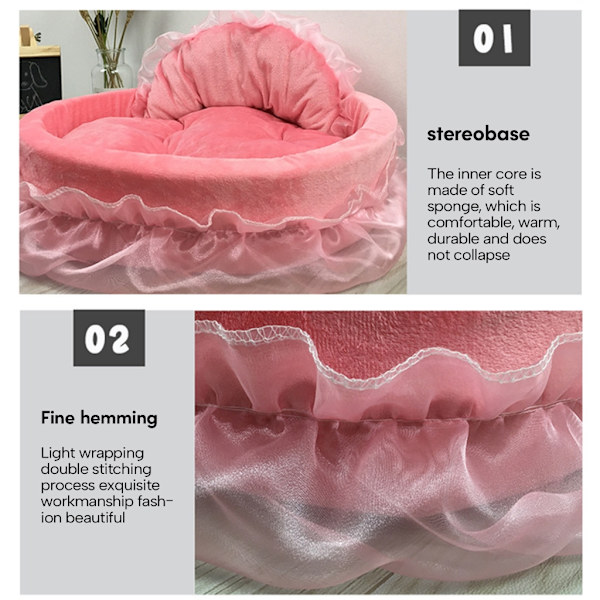 Princess Husdjurssäng med rosetter Rufsig spetsdesign Mjuk och vacker hundsoffa Avtagbar kudde Princess Nest Pink L