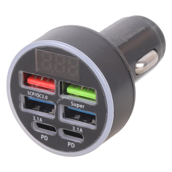 Plassbesparende billaderadapter med 4 USB-porter og digital strømvisning