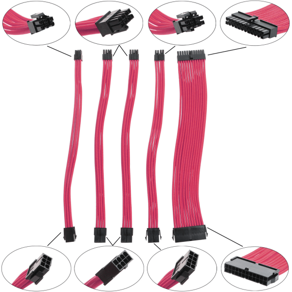 Flätad 24-Pin ATX Förlängningskabelkit med Hölje för Nätaggregat PSU-kontakter 8P(4+4P) EPS (2+6P)/6P PCIE med Kammar