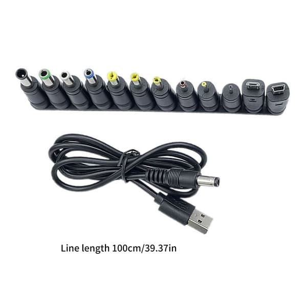 1 sett USB til 5.5x2.1mm 5V ladekabel med 12 stk adaptere for høyttaler